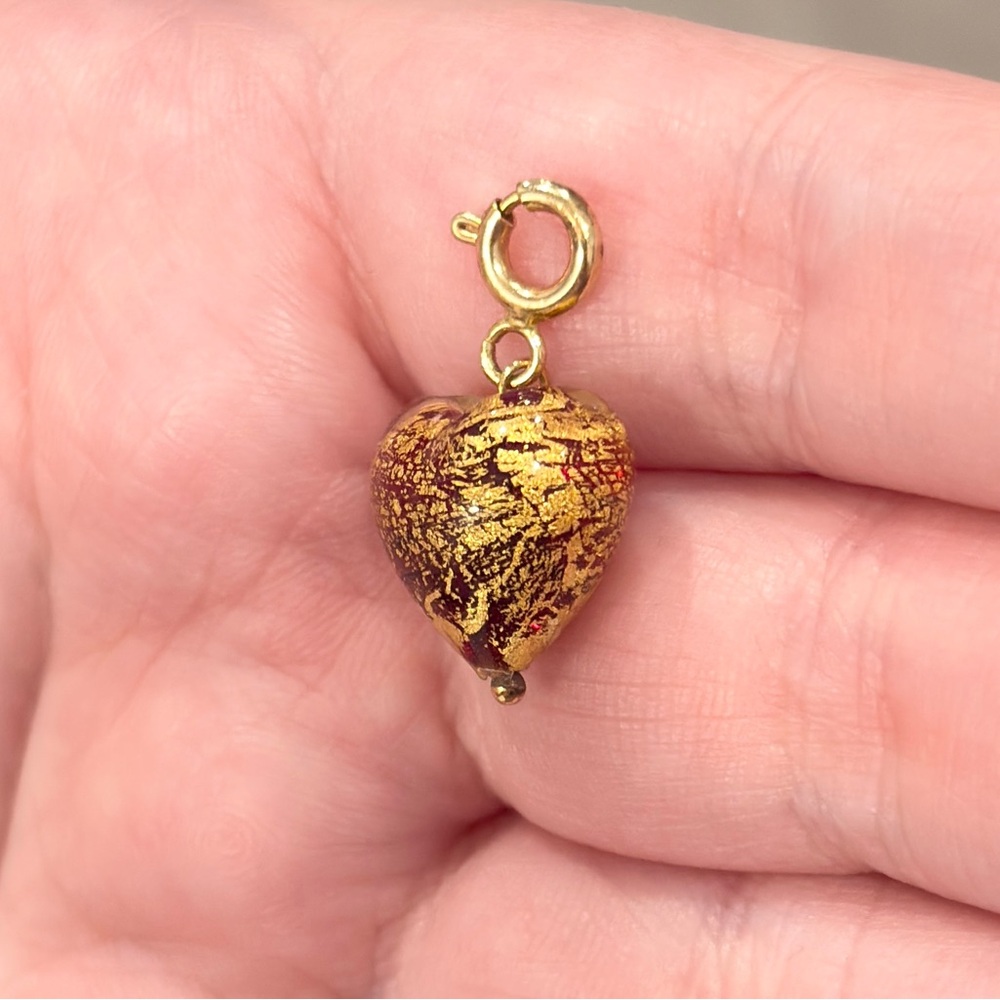14K Murano Glass Heart Charm, Yellow Gold Pendant, Dainty Petite, Red Gold Bead - Picture 9 of 13